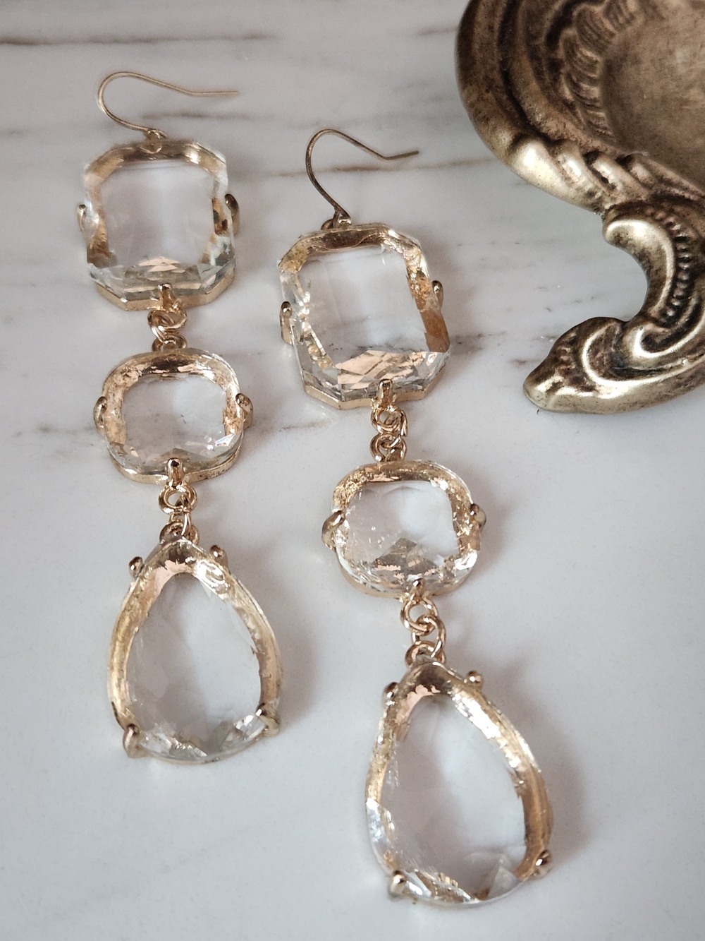 Gold-Trim Clear Crystal Drop Earrings - Women Jewelry